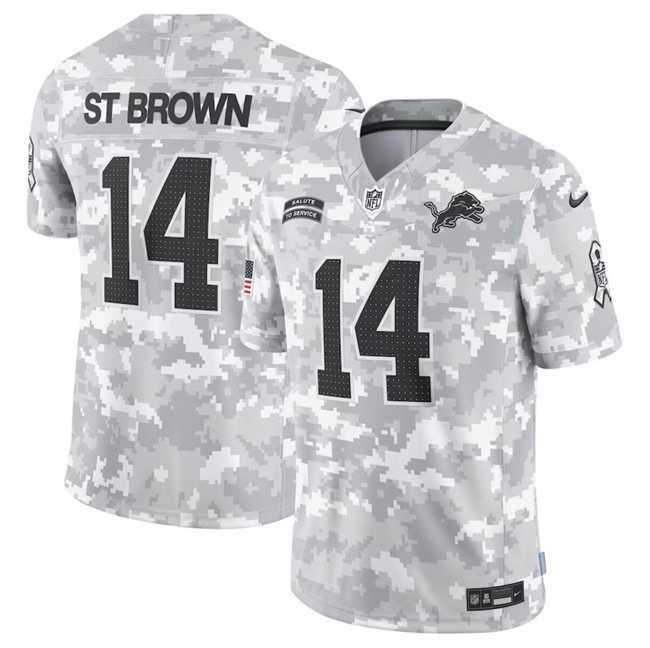 Men%27s Detroit Lions #14 Amon-Ra St. Brown 2024 Arctic Camo Salute To Service Limited Stitched Jersey Dyin->denver broncos->NFL Jersey